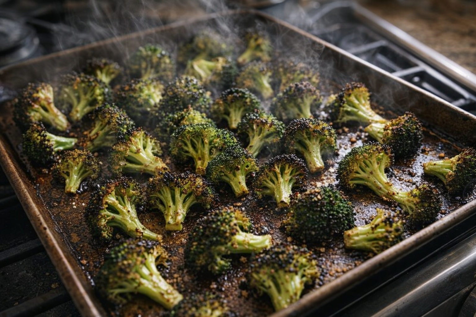 An overhead shot of perfectly roasted broccoli florets on a baking sheet, golden brown with slightly charred edges, steam rising, natural light